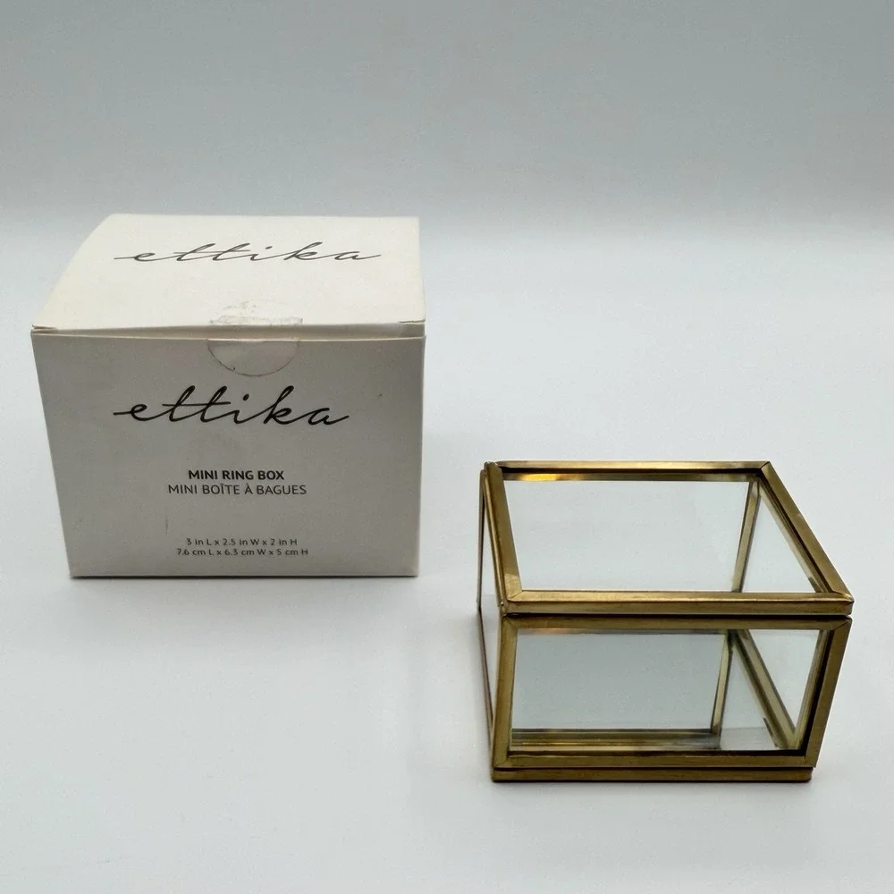 Ettika Mini Ring Box Glass & Brass 3″ × 2.5″ × 2″ Display Trinket Box